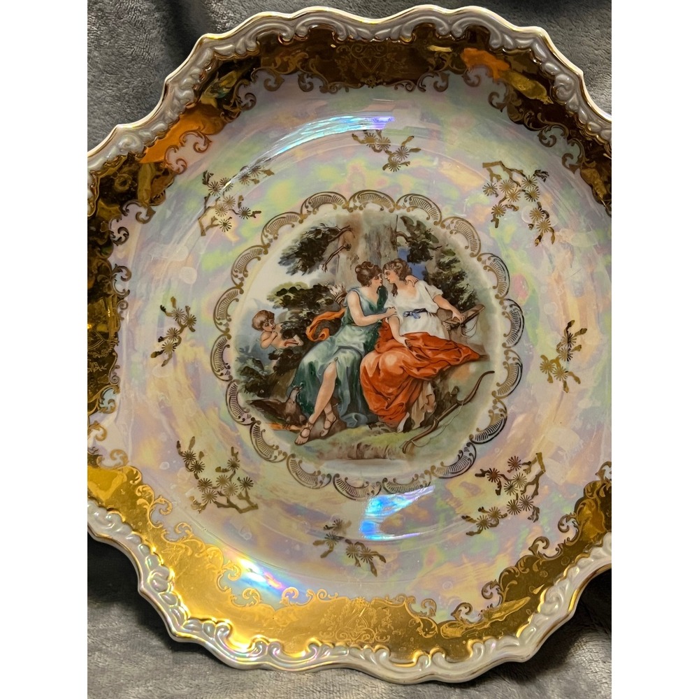 Kahla Germany Lusterware Serving Bowl Gold Gilt Figural Scene 12" VTG GDR